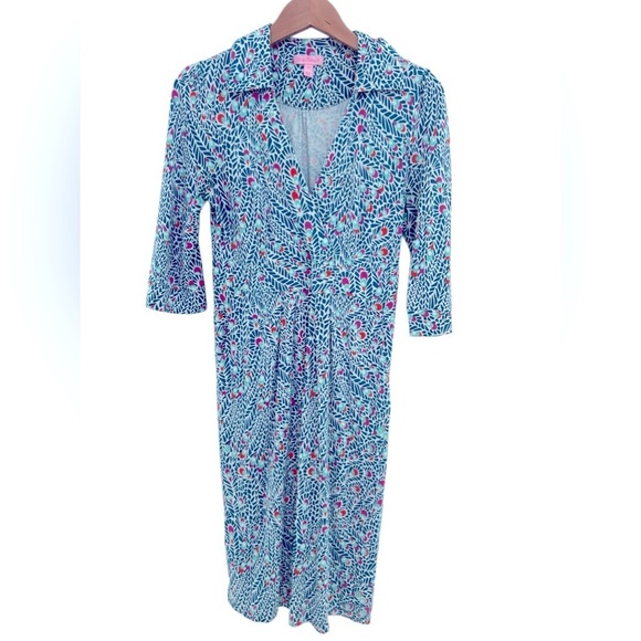 Lilly Pulitzer Feather Monogram Print Silk Stretch Flare Dress Blue - Picture 1 of 8
